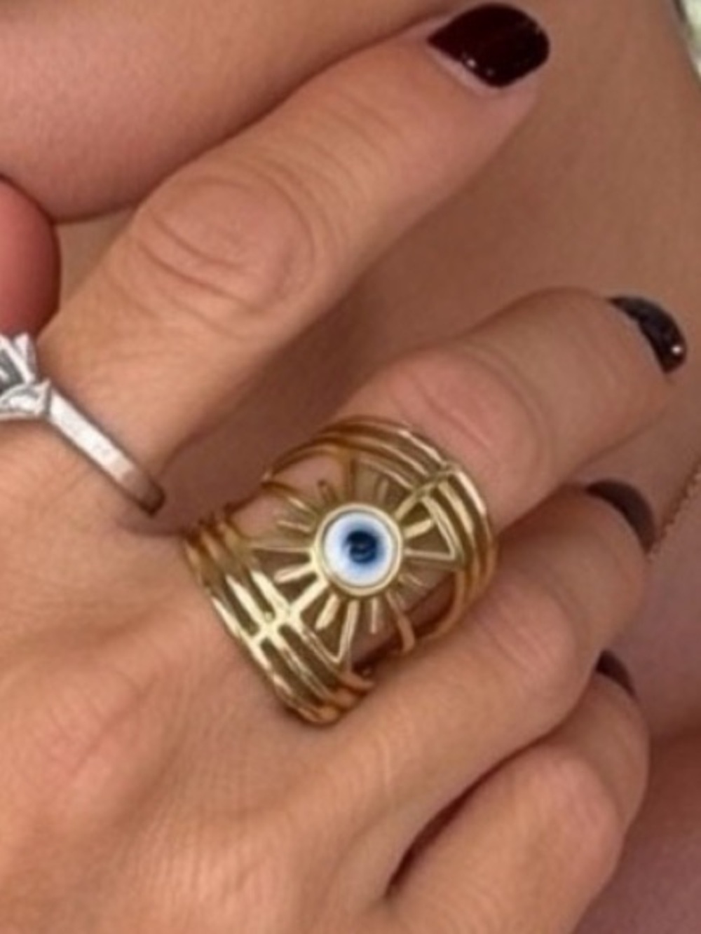 Gold Tone Statement Evil Eye Ring Sunburst Design Adjustable Boho